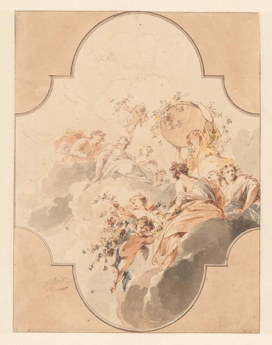 Zephyr en Flora met gezellinnen en engeltjes in de wolken, ontwerp voor plafondstuk in huis van Cornelis Wittert van Valkenburgh aan de Delftse Vaart in Rotterdam