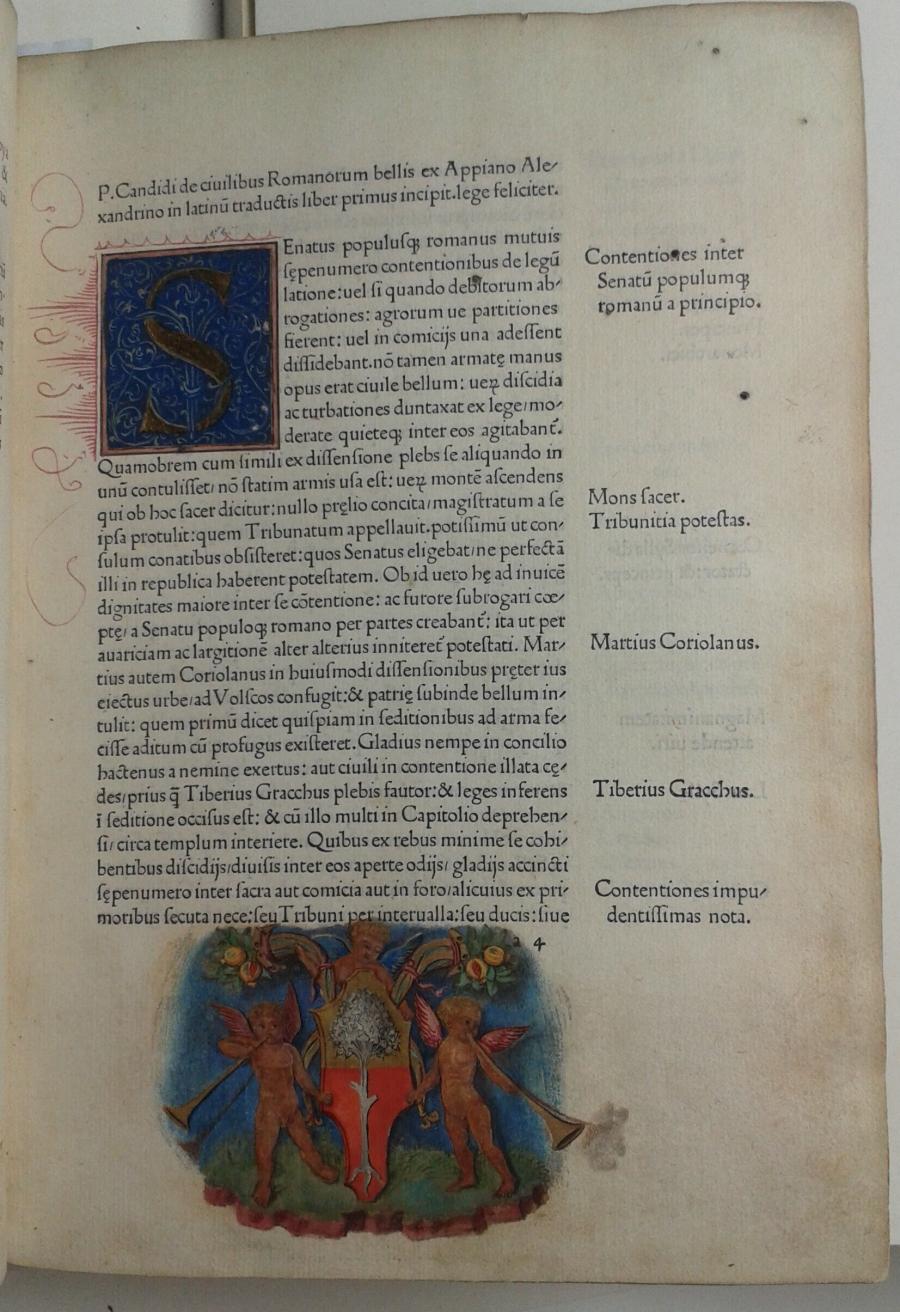 Three Putti with the Coats of Arms of Willibald Pirckheimer, and Initial S, Miniatures in an Incunabulum: Appianus, Historia romana. De bellis civilibus, Venice (Bernard Maler, Erhard Ratdolt, Peter Löslein) 1477