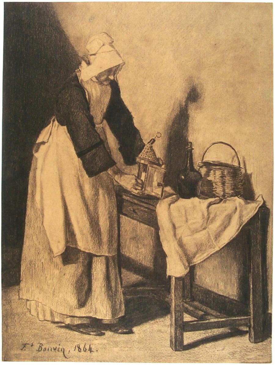 Interieur met vrouw met een lantaarn bij een tafel