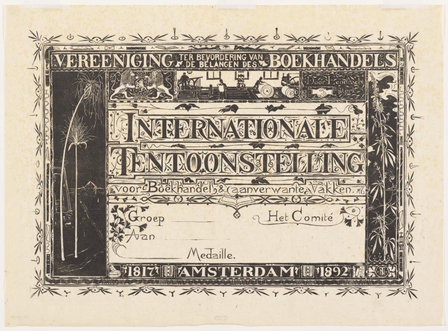 Certificate of the Veereniging ter Bevordering van de Belangen des Boekhandels for the International Exhibition of Book Trade and related trades in Amsterdam