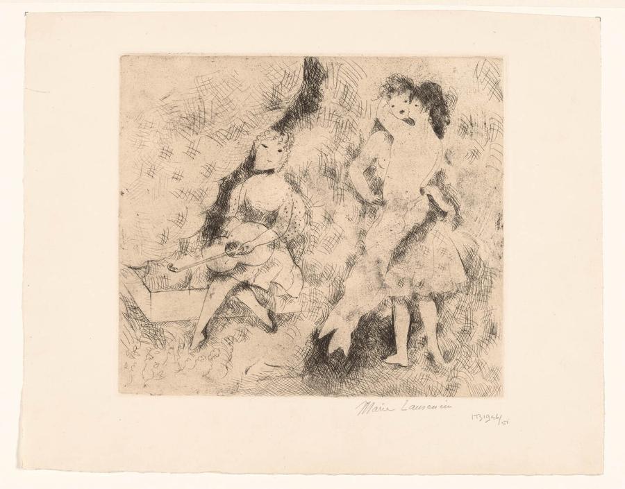 Woman playing Guitar and two Female Dancers