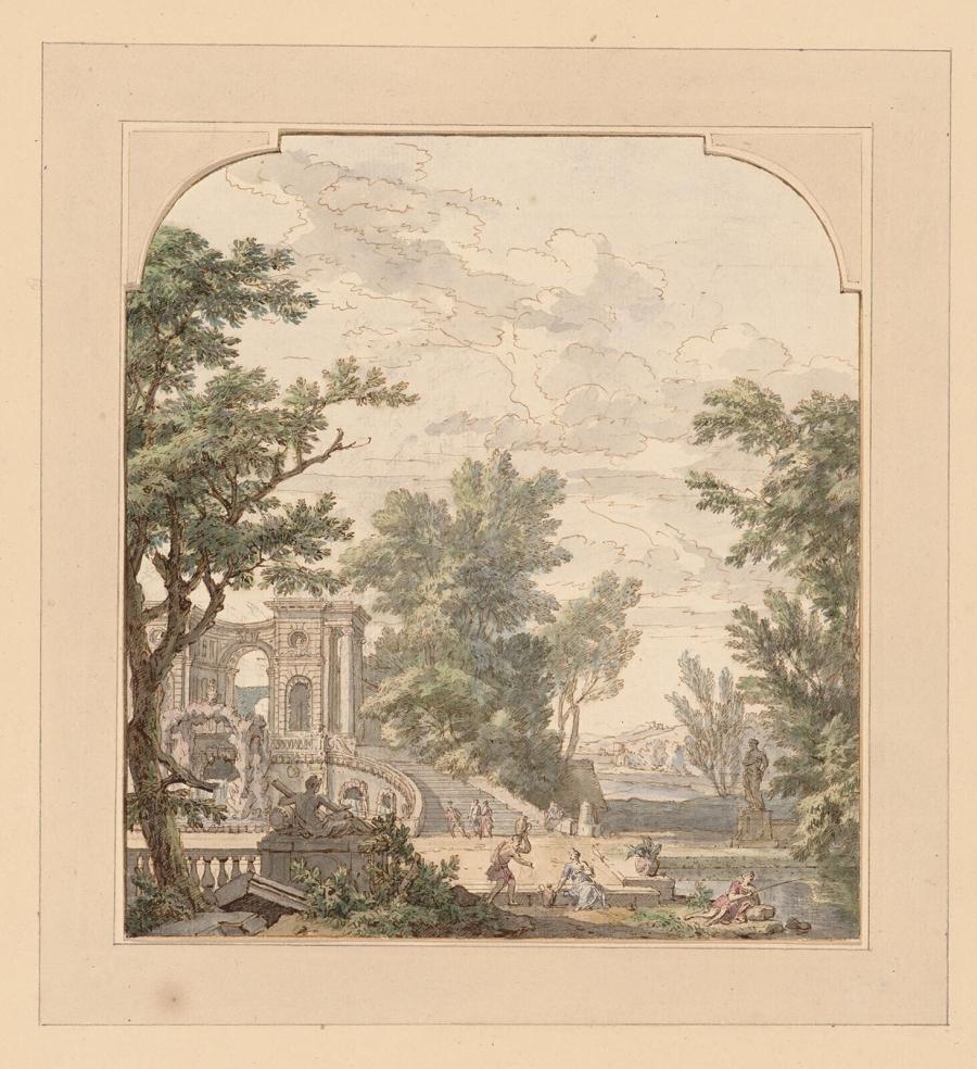 View in a Garden with a Rococo Fountain, Design for a Wallpaper Painting in Saxenburg Estate