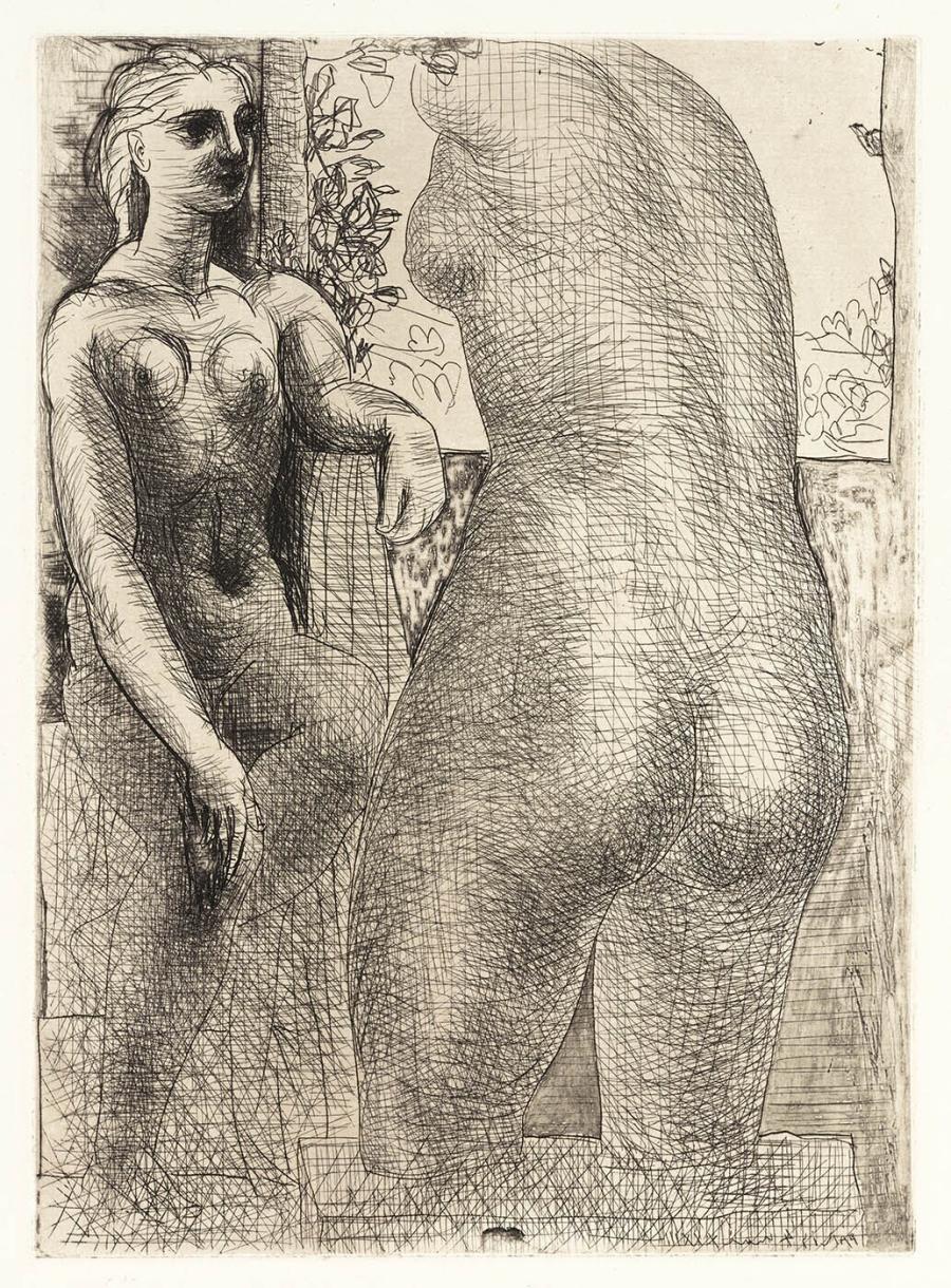 Model and a Large Sculpture Seen from Behind
