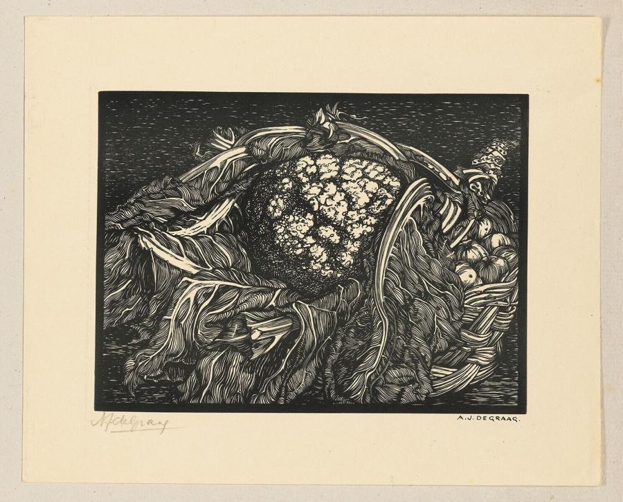 Cauliflower in Front of a Basket with Apples