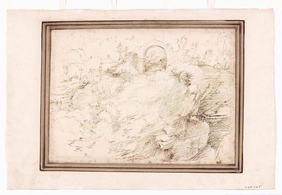 Rotslandschap met ruïne van een poort, enkele gebouwen en figuren
