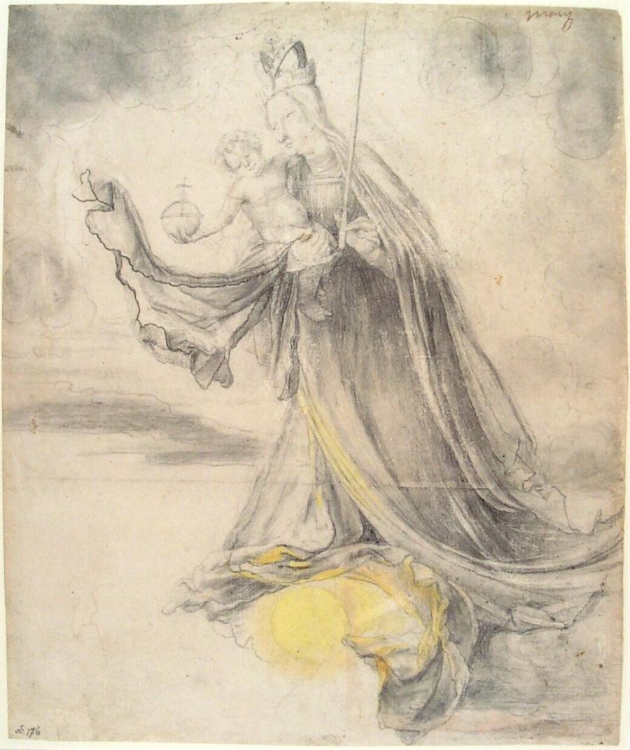 Maria met Christuskind op de wolken