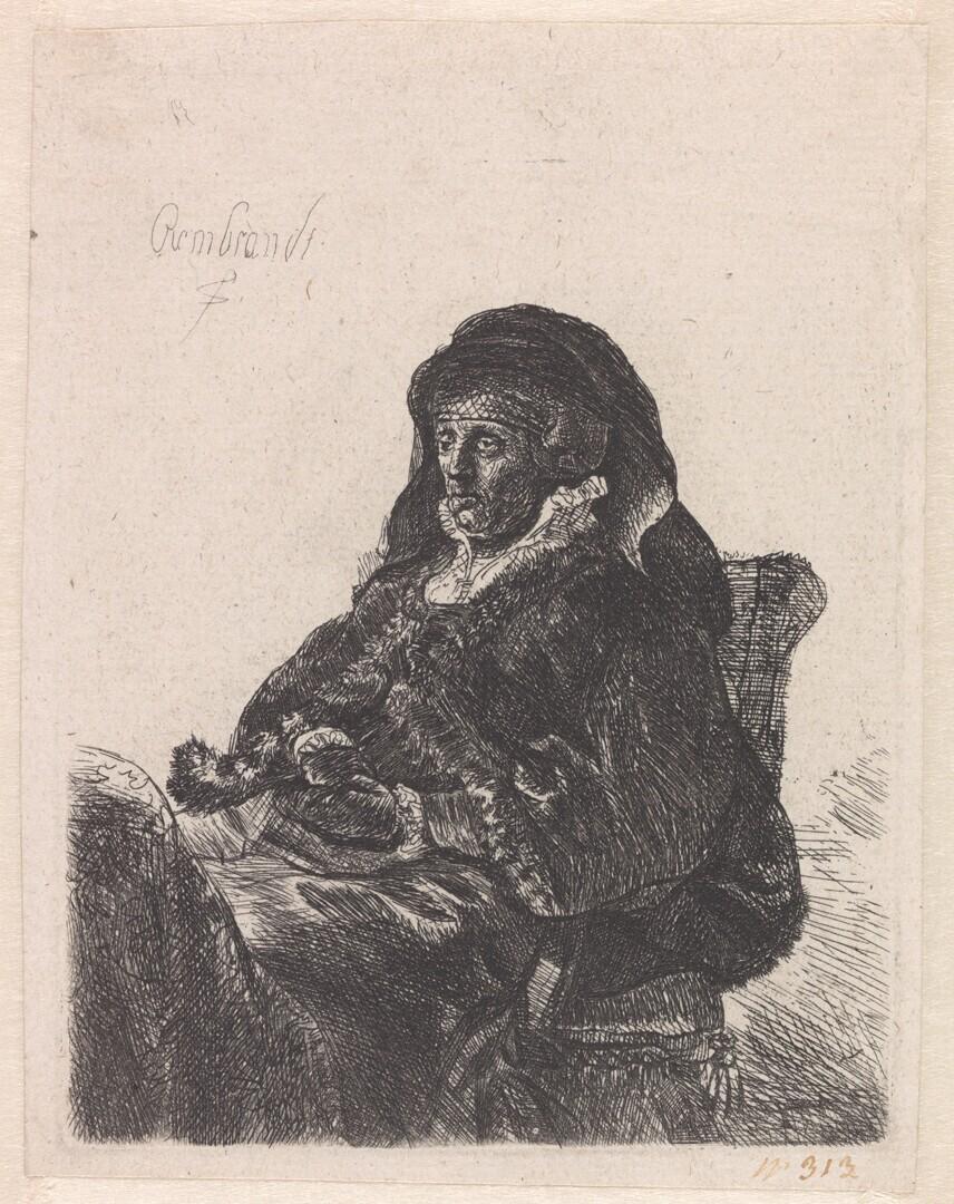 Rembrandts moeder zittend aan een tafel