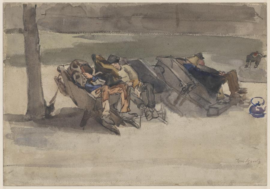 Werklui uitrustend in hun kruiwagens in het Oosterpark, Amsterdam