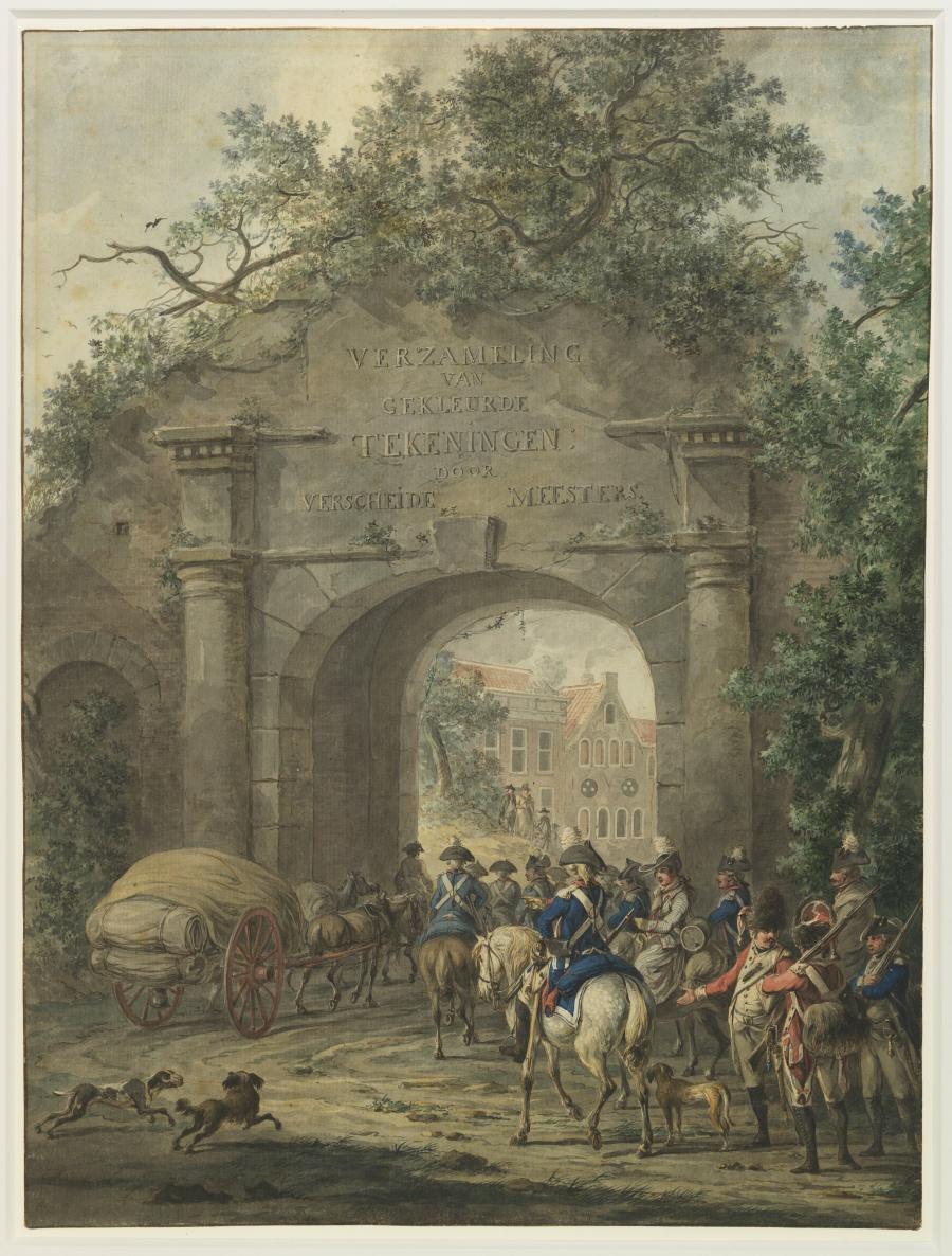 Soldaten bij een stadspoort, titelblad voor een verzamelaars kunstboek met gekleurde tekeningen