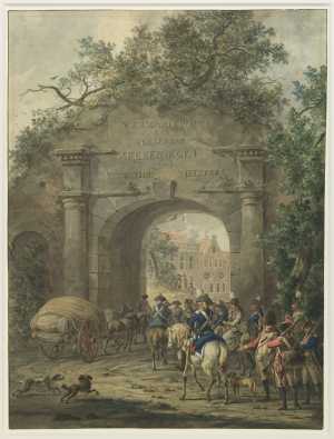 soldaten-bij-een-stadspoort-titelblad-voor-een-verzamelaars-kunstboek-met-gekleurde-tekeningen