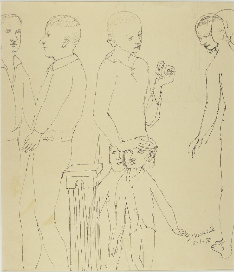 Sketch sheet with boy with small bird