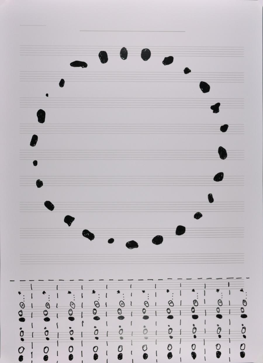 *(Ee Ouw Arh ...) 50,000 year-old noises that constitute the basis for the sound of our vowels and in turn the beginning of language, typeset in a typeface newly-invented by the artist called Set in Stone Regular produced by Adrien Vasquez of John Morgan 
