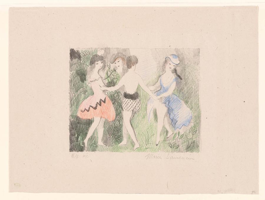 Three women and a man dancing