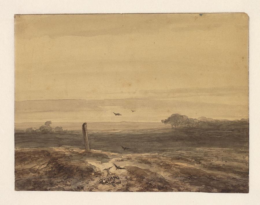 Landschap met karkas en kraaien