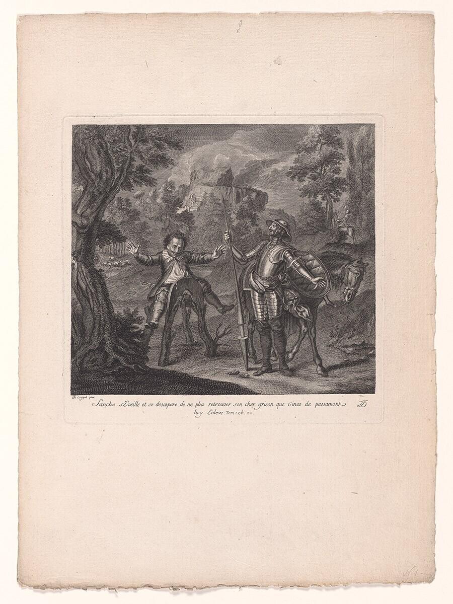 Sancho s'eveille et se désespère de ne plu retrouver son cher grison..., uit: Estampes de l’histoire de Don Quichotte de la Mancha peintes par Coypel, gravées en 25 feuilles.