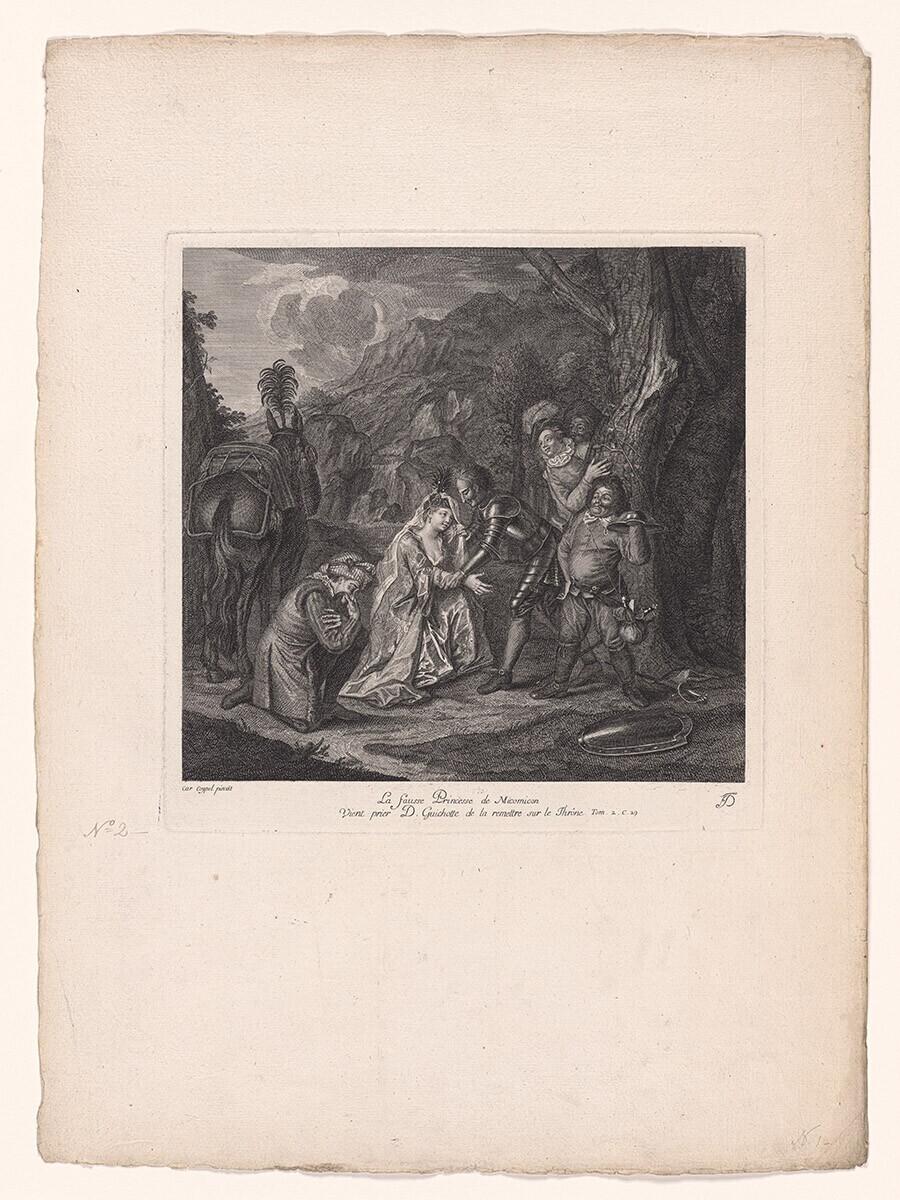 La fausse princesse de Micomicon vient prier Don Quichotte de la remettre sur le trône. Uit: Estampes de l’histoire de Don Quichotte de la Mancha peintes par Coypel, gravées en 25 feuilles.