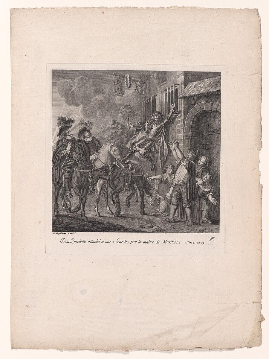 Don Quichotte attaché à une fenêtre par la malice de la Maritorne. Uit: Estampes de l’histoire de Don Quichotte de la Mancha peintes par Coypel, gravées en 25 feuilles.