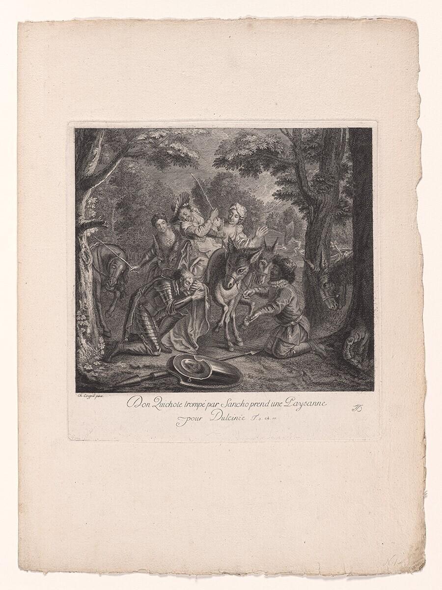 Don Quichotte trompé par Sancho prend un paysanne pour Dulcinée. Uit: Estampes de l’histoire de Don Quichotte de la Mancha peintes par Coypel, gravées en 25 feuilles.
