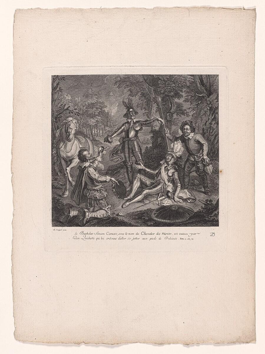 Le bachelier Samson Carasco, sous le nom du chevalier des miroirs, est vaincu par Don Quichotte... Uit: Estampes de l’histoire de Don Quichotte de la Mancha peintes par Coypel, gravées en 25 feuilles.