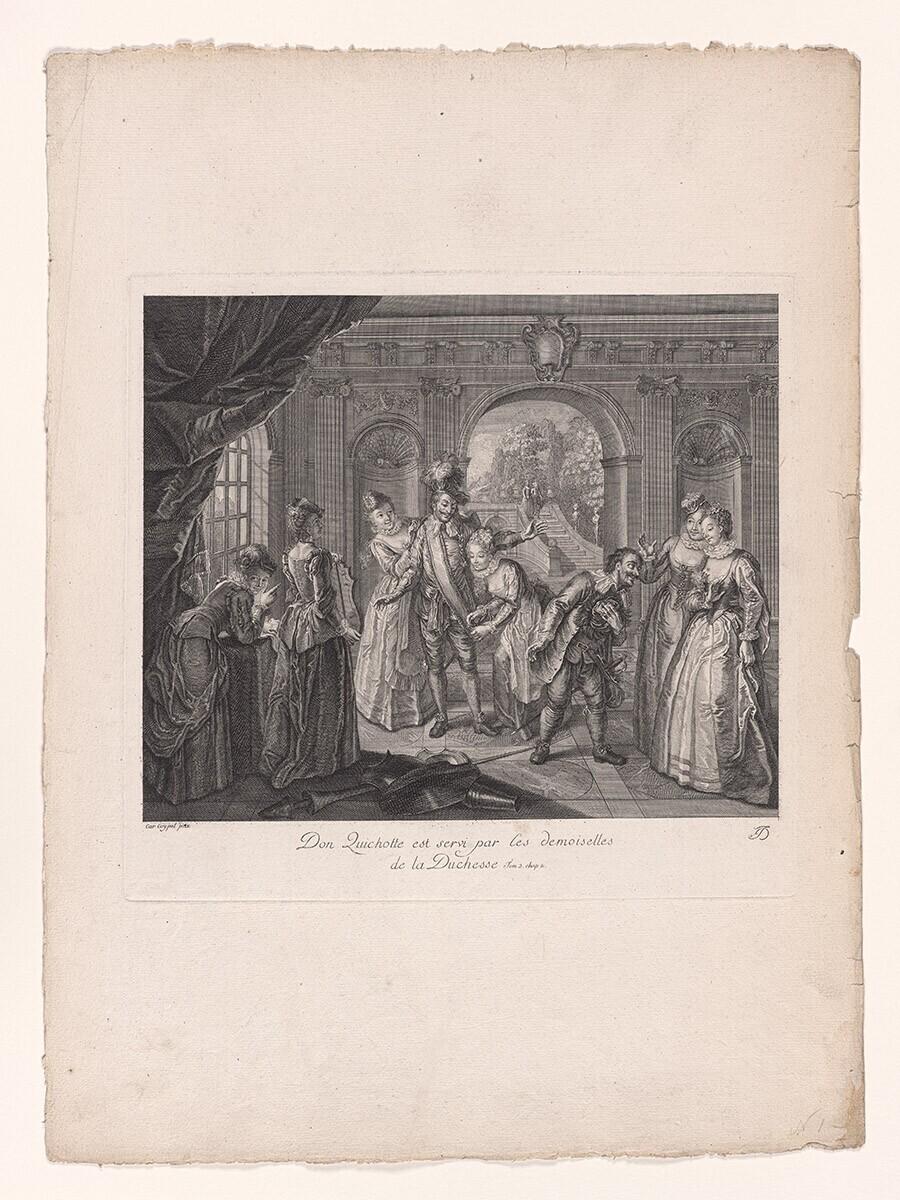 Don Quichotte est servi par les demoiselles de la Duchesse. Uit: Estampes de l’histoire de Don Quichotte de la Mancha peintes par Coypel, gravées en 25 feuilles.