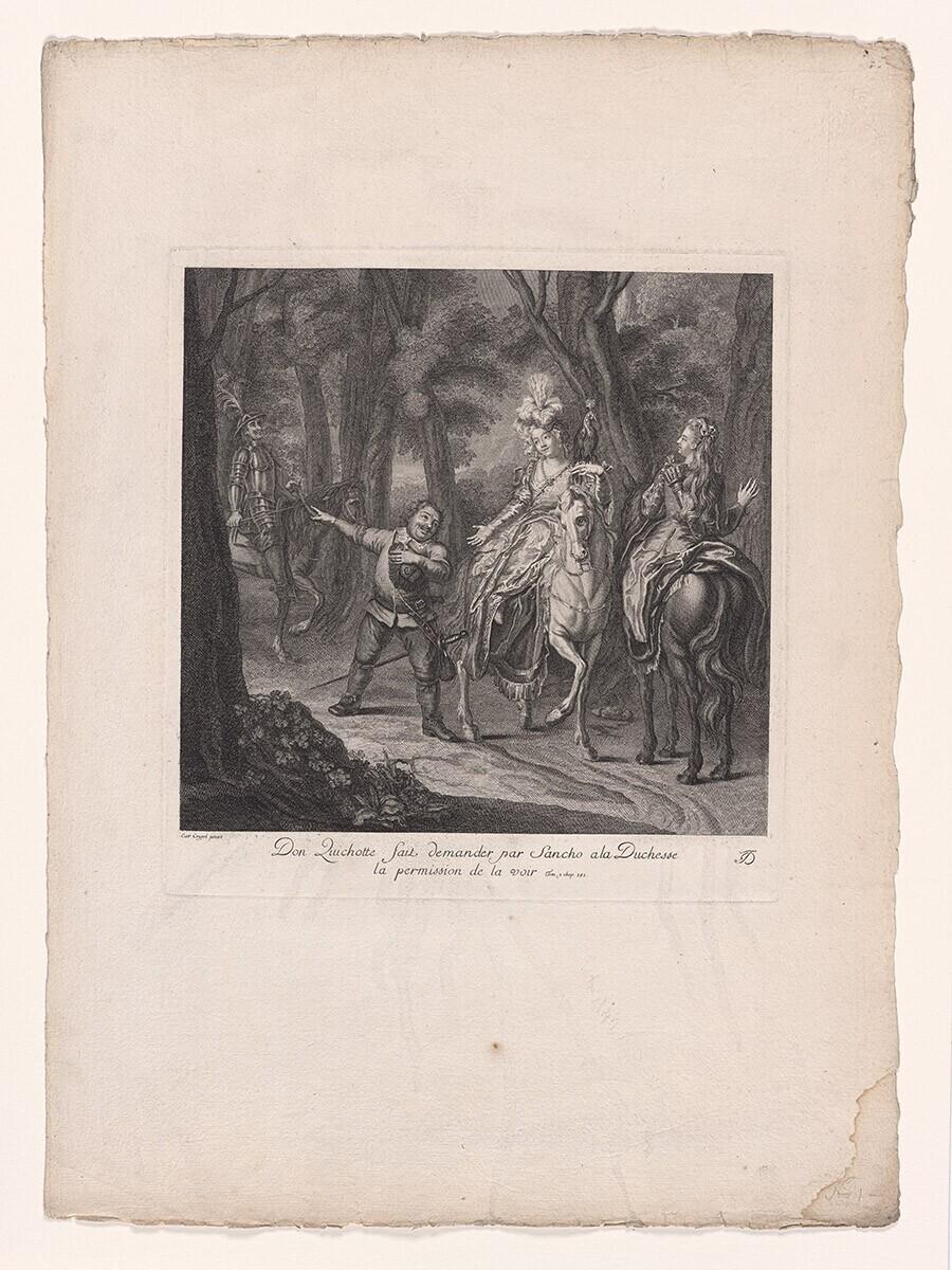 Don Quichotte fait demander par Sancho à la Duchesse la permision de la voir. Uit: Estampes de l’histoire de Don Quichotte de la Mancha peintes par Coypel, gravées en 25 feuilles.