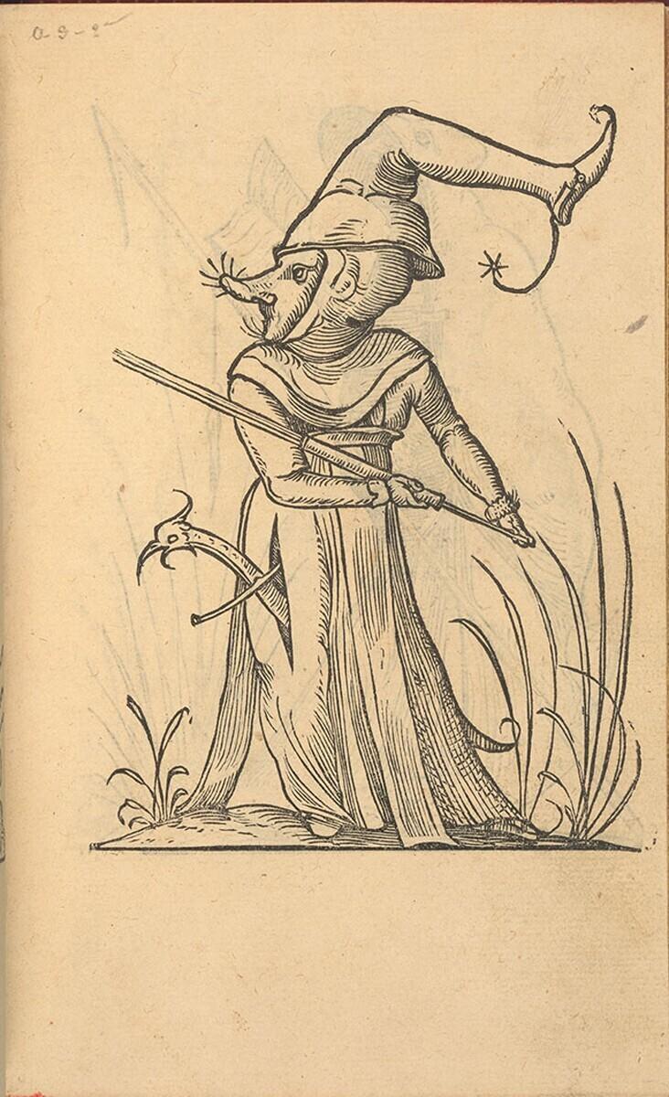 Vrouwenfiguur met grote laars op het hoofd