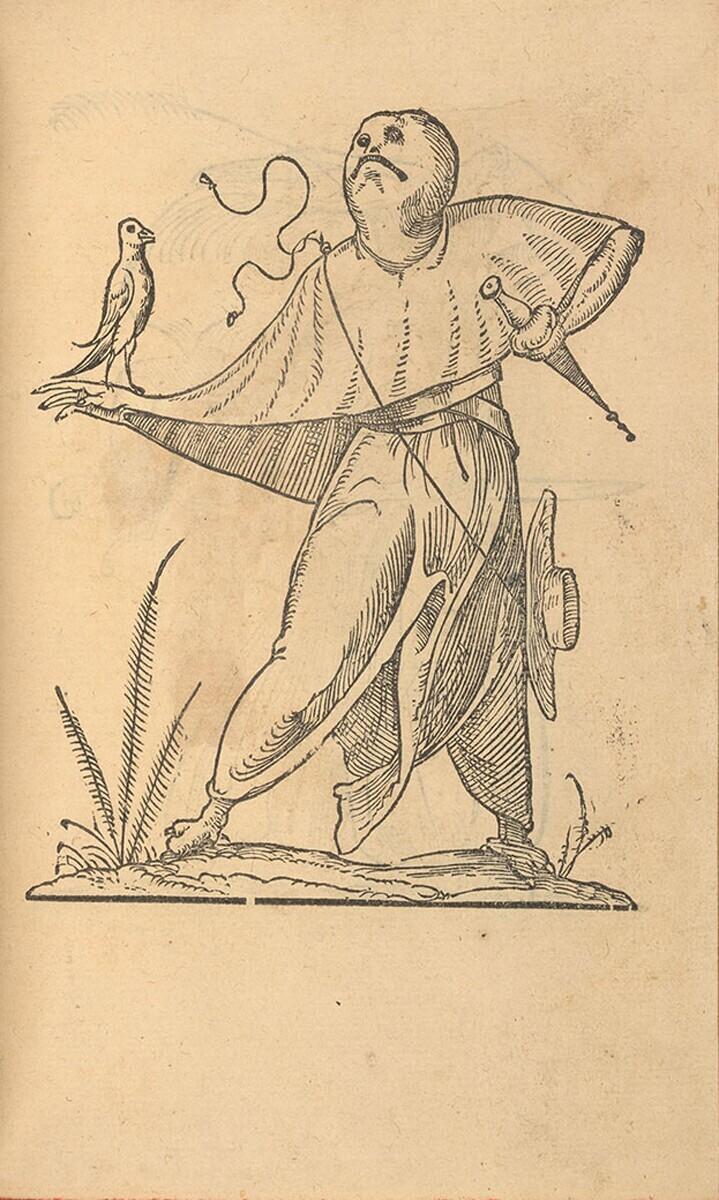 Hybride figuur met kardinaalshoed en vogel