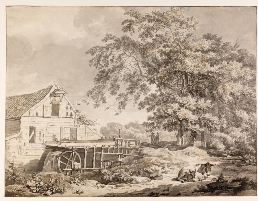 Landschap met watermolen, twee wandelaars en twee liggende ezels