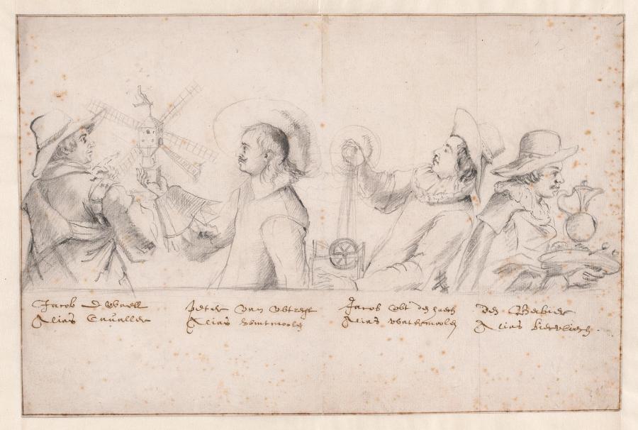 Portretten van vier Bentvueghels: Jacob de Waell alias Caualler,  Peter van Wtrecht alias Wintmoolen, Jacob wt den Haech alias Watermoolen, den Berbier alias Biervliech