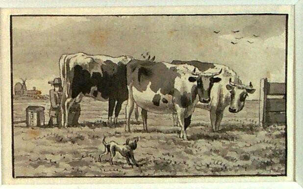Three Cows Standing in a Pasture with a Milkman (Study from a Series of Twelve Sheets)