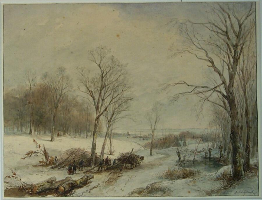 Winter Landscape with People Harvesting Wood