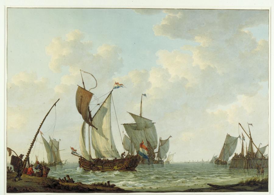 Riviergezicht met schepen bij een haven