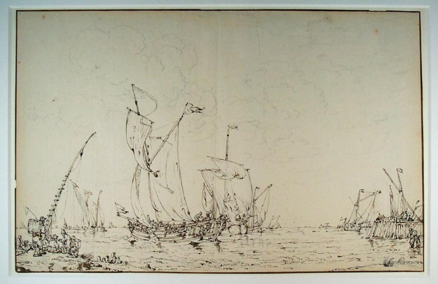 Riviergezicht met schepen bij een haven (voortekening voor de aquarel)