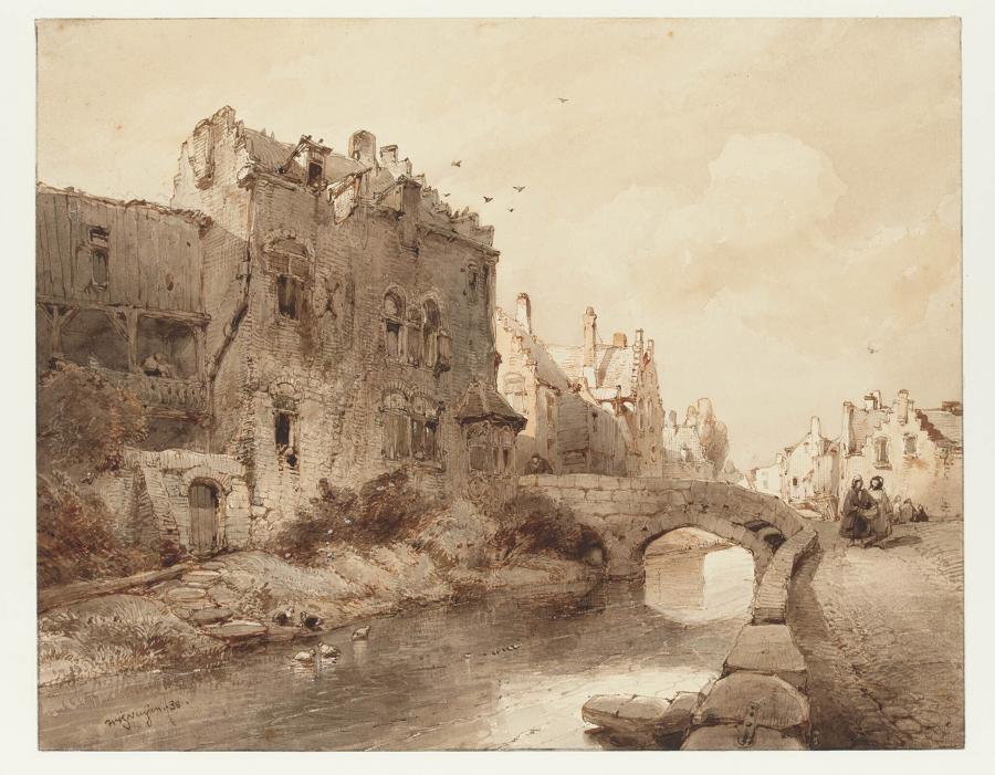 Old Houses and a Stone Bridge over a Canal
