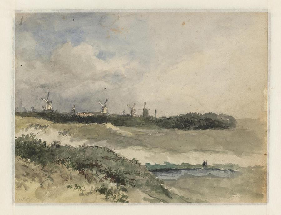 Hollands duinlandschap met windmolens, Dekkersduin (nu Duinoord) bij Den Haag (provincie Zuid-Holland)