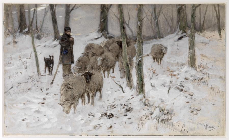 Winterlandschap met schaapskudde