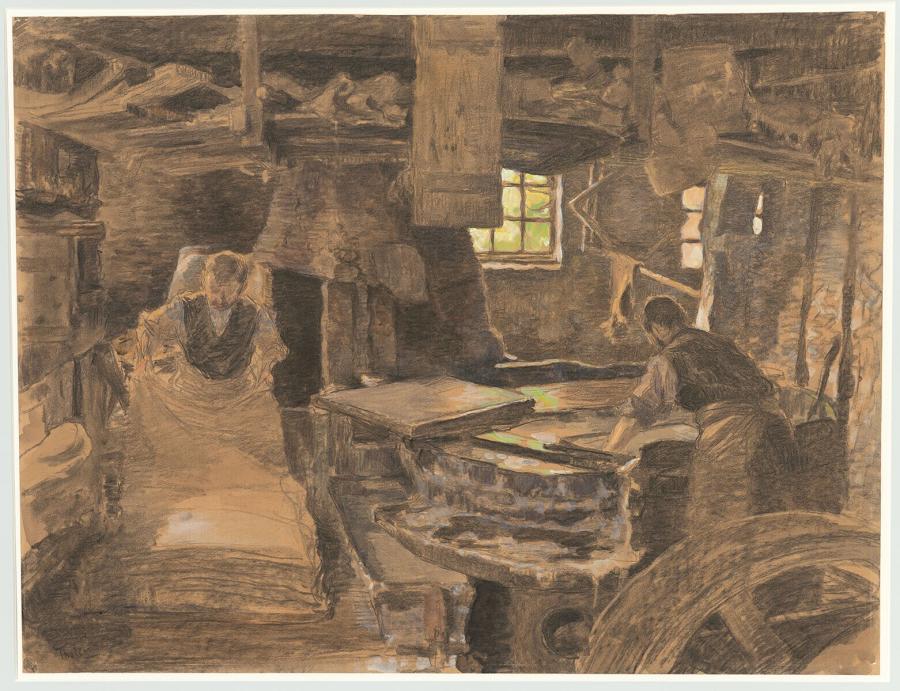 Papierscheppen in de papiermolens van Apeldoorn: koetser en schepper aan het werk