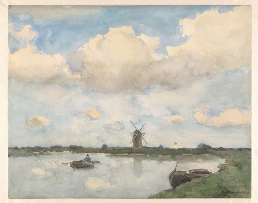 Hollands polderlandschap met een windmolen aan een water
