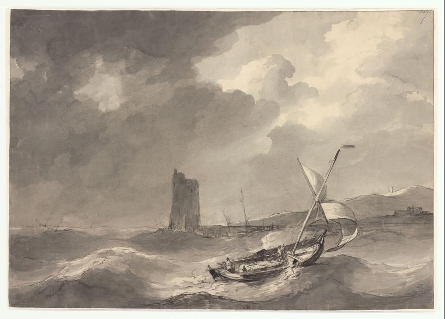 Zeilboot in een storm op zee, met vuurtoren