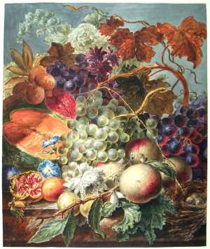 stilleven-vruchten-bloemen-bladeren-en-een-vogelnest-op-een-plinteieren