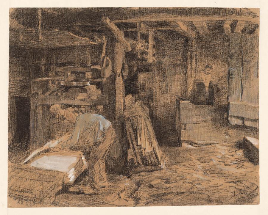 Papierscheppen in de papiermolens van Apeldoorn: legger aan het werk bij de pers