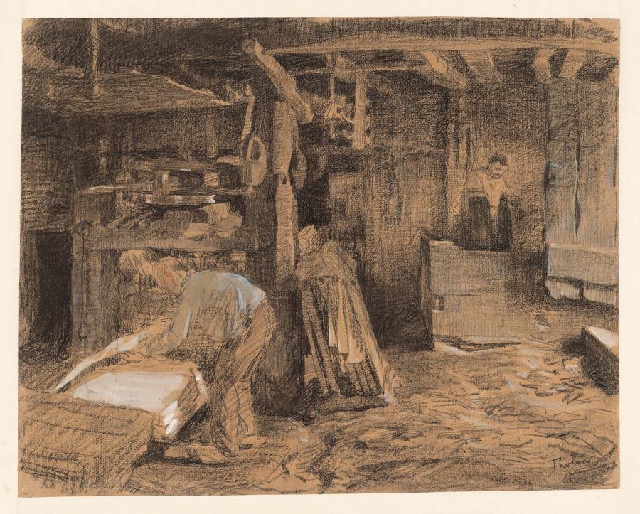 Papierscheppen in de papiermolens van Apeldoorn: legger aan het werk bij de pers