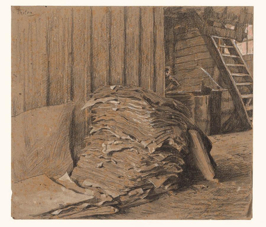 Papierscheppen in de papiermolens van Apeldoorn: een stapel pakpapier (schrens)