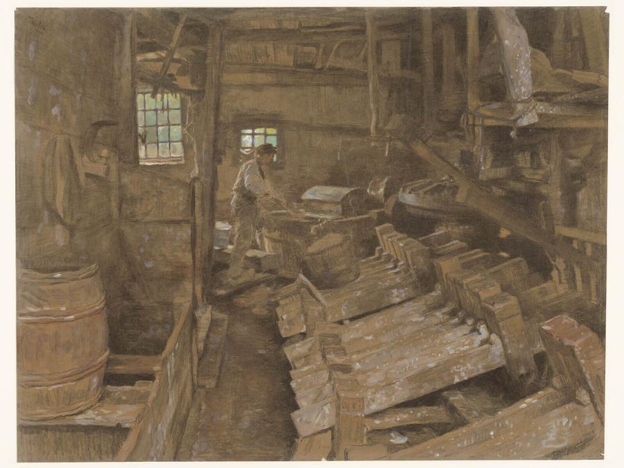 Papierscheppen in de papiermolens van Apeldoorn: hamerbakken slaan de lompen uiteen om te vervezelen, daarachter man aan een wrijfbak ('Hollander')