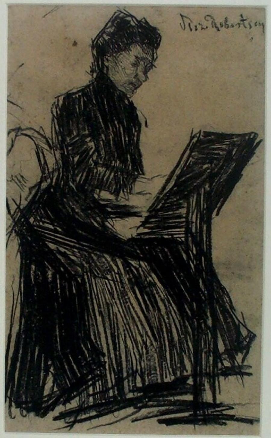 Woman behind drawing stand