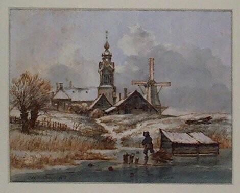 Winter Landscape with a Windmill and a Church Tower