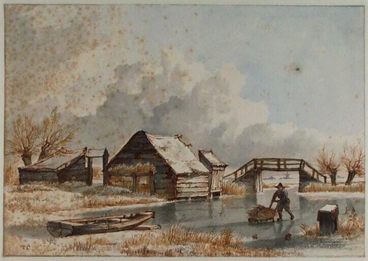 Winter Landscape with Barns and a Wooden Bridge on a Frozen Canal