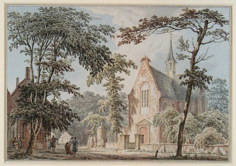 Dorpsgezicht met hoge bomen en een kerk