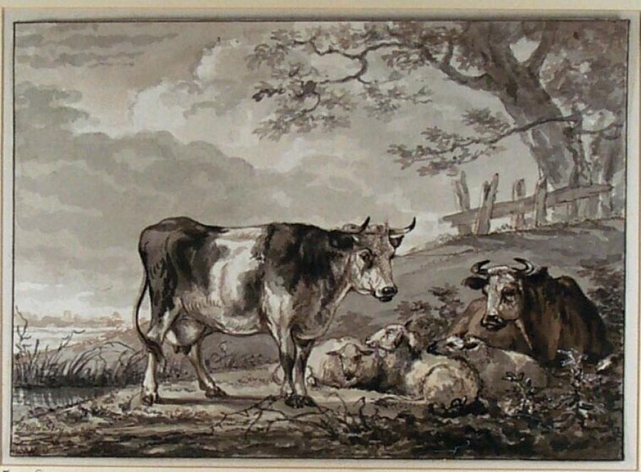 Herd of Cattle and Sheep Beneath Trees on a River Bank