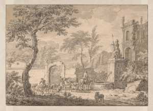 rider-and-a-herd-by-a-fountain-with-a-ruined-building-in-the-background